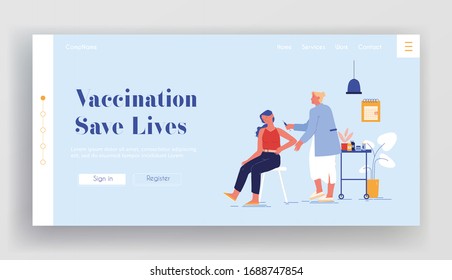 Vaccination Landing Page Template. Doctor Character Injecting Shot Vaccine to Patient Arm. Woman Sitting in Medical Cabinet Apply Drug. Virus and Disease Prevention. Cartoon People Vector Illustration