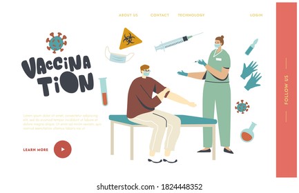 Vaccination Landing Page Template. Man Sitting in Medical Cabinet Applying Drug, Doctor Character Injecting Vaccine to Patient against Viruses and Disease Prevention. Linear People Vector Illustration