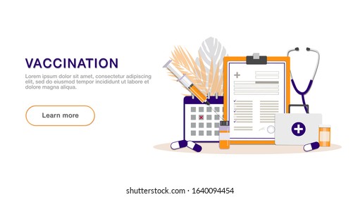 Vaccination. Landing page template. Modern flat concept for web design. Vector illustration with syringe with vaccine, bottle, calendar, patient card and pills.