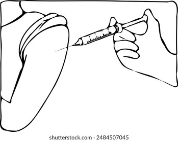 Vaccination in left arm. Hand with syringe gives an injection in the shoulder. Vector black line illustration of vaccine 