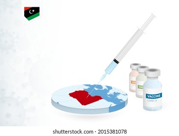 Vaccination in Libya with different type of COVID-19 vaccine. Сoncept with the vaccine injection in the map of Libya. Vector illustration.