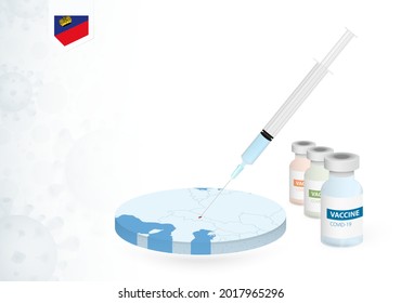 Vaccination in Liechtenstein with different type of COVID-19 vaccine. Сoncept with the vaccine injection in the map of Liechtenstein. Vector illustration.