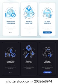 Vaccination limitations onboarding mobile app page screen. Covid test walkthrough 3 steps graphic instructions with concepts. UI, UX, GUI vector template with linear night and day mode illustrations