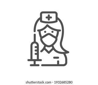 Vaccination line icon. Nurse with syringe sign. People vaccine symbol. Quality design element. Linear style vaccination icon. Editable stroke. Vector