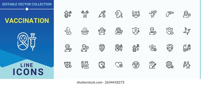 Conjunto de iconos de línea de vacunación. Conjunto de iconos de Vector de inmunización. Colección de iconos de esquema de medicina. Paquete de iconos de contorno. Ilustración vectorial en estilo de línea moderna.