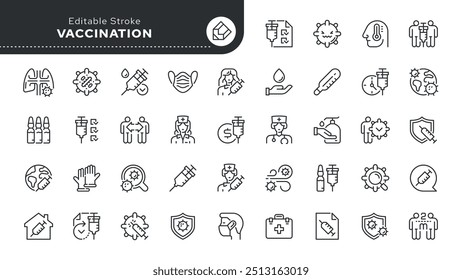 Vaccination line icon set. Injection, disease, shot, vaccine, illness, virus, doctor, nurse, patient, medicine. Outline vector icon in linear style. Conceptual pictogram collection.	

