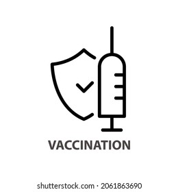 Vaccination linear icon. Outline simple vector of syringe and protective shield. Contour isolated pictogram on white background