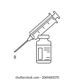 Vaccination linear icon. Syringe with a bottle. Immunization by injection. Medicines and pharmacy. Black outline symbol. Suitable for coloring. Vector.