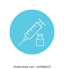 Vaccination linear icon. Syringe with vial. Common cold prevention. Immunization shot. Medication and pharmacy. Thin line illustration. Contour symbol. Vector isolated outline drawing. Editable stroke