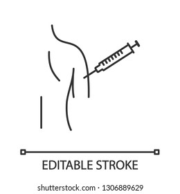 Vaccination Linear Icon. Thin Line Illustration. Flu Shot. Polio, Measles Vaccine. Women's Arm Injection. Tetanus Vaccine Procedure. Contour Symbol. Vector Isolated Outline Drawing. Editable Stroke