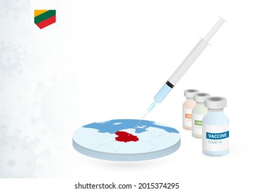 Vaccination in Lithuania with different type of COVID-19 vaccine. Сoncept with the vaccine injection in the map of Lithuania. Vector illustration.