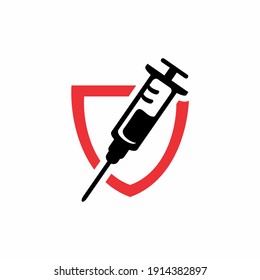 Vaccination logo and icon concept design. Time to vaccinate banner. 
syringe on shield, vaccine for COVID-19, flu or influenza