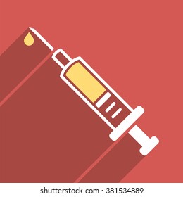 Vaccination long shadow vector icon. Style is a flat light symbol on a red square background.
