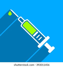 Vaccination long shadow vector icon. Style is a flat vaccination iconic symbol on a blue square background.
