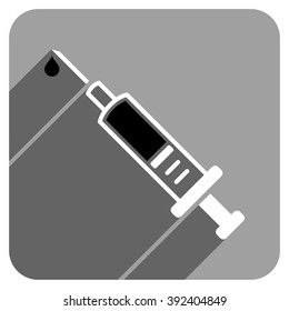 Vaccination long shadow vector icon. Style is a flat vaccination iconic symbol on a gray square background.