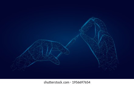 Vaccination low poly wireframe vector. hand holds syringe and bottle with vaccine.