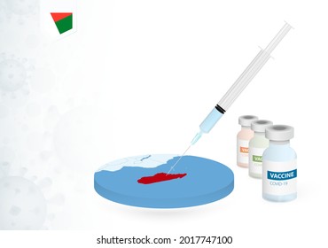 Vaccination in Madagascar with different type of COVID-19 vaccine. Сoncept with the vaccine injection in the map of Madagascar. Vector illustration.