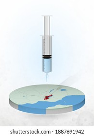 Vaccination of Malawi, injection of a syringe into a map of Malawi. Vector illustration of a syringe with vaccine and map.