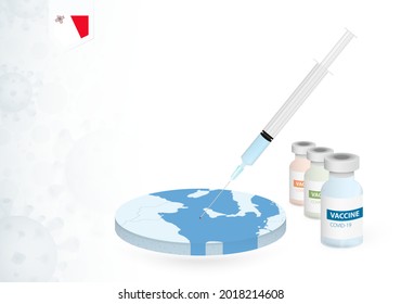 Vaccination in Malta with different type of COVID-19 vaccine. Сoncept with the vaccine injection in the map of Malta. Vector illustration.