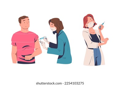 Vaccination with Man Character Vaccinated in Upper Arm with Doctor Holding Syringe Vector Set