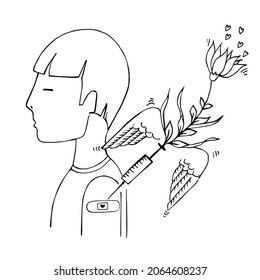 Vaccination. Man with medical patch and syringe with vaccine, immunity, health and beautiful life like blooming flowers and wings. Vaccination of people is safe and important for disease prevention
