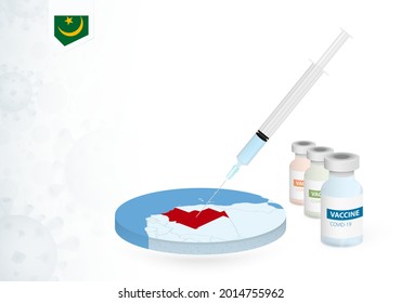 Vaccination in Mauritania with different type of COVID-19 vaccine. Сoncept with the vaccine injection in the map of Mauritania. Vector illustration.