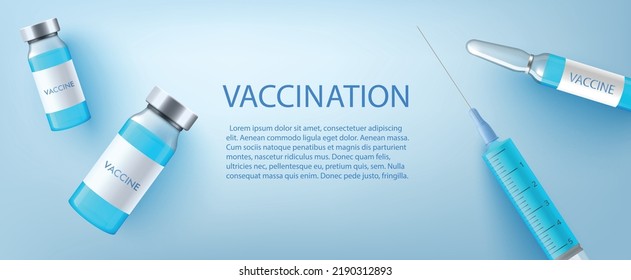 Vaccination medical banner or poster mockup for covid 19 or seasonal flu immunization, realistic vector illustration. Antiviral vaccine to offer virus protection.