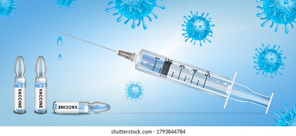 Vaccination medical banner. Syringe and ampoules with coronavirus vaccine, preventing a second wave of COVID-19 infection. 3d realistic vector illustration.