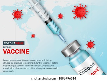 Vaccination medical banner. Syringe and ampoules with coronavirus vaccine. Covid-19 corona virus vaccination with vaccine bottle and syringe injection tool.