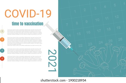 Vaccination - Medical concept of vaccination plan with copy space, syringe injecting coronavirus along with schedule for planning.