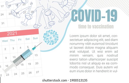 Impfung - Medizinischer Impfplan mit Kopienraum, Spritze, Plan und Abbildung von Covid-19.Auf hellem Hintergrund.