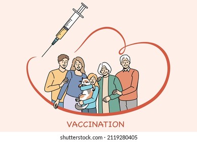 Vaccination and medical protection concept. Family with kid child parents and grandparents standing all together and feeling protected with syringe and vaccination vector illustration 