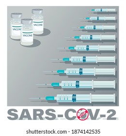 Vaccination. Medical syringe, bottles vaccine on grey background. SARS CoV 2. Antiviral protection.