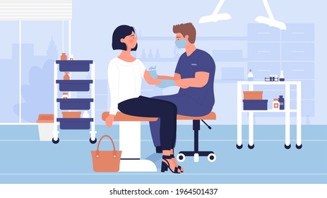 Vaccination, medical treatment, prevention and immunize vector illustration. Cartoon man doctor character making flu vaccine injection to woman in hospital, immunization medicine healthcare background