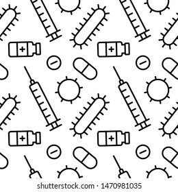 Vaccination and medicine seamless pattern. Simple line vector illustration for backgrounds, sites, web, mobile, apps, and package. Covid-19 vaccine. Coronavirus immunization.