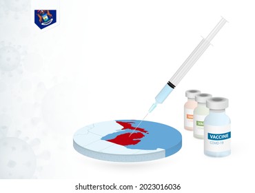 Vaccination in Michigan with different type of COVID-19 vaccine. Сoncept with the vaccine injection in the map of Michigan. Vector illustration.