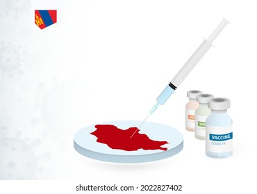 Vacunación en Mongolia con diferentes tipos de vacuna COVID-19. С con la inyección de la vacuna en el mapa de Mongolia. Ilustración vectorial.