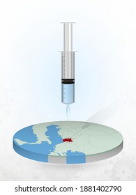 Vaccination of Montenegro, injection of a syringe into a map of Montenegro. Vector illustration of a syringe with vaccine and map.