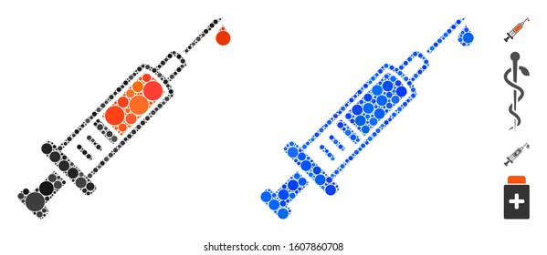 Vaccination mosaic of round dots in various sizes and color tinges, based on vaccination icon. Vector round dots are composed into blue mosaic. Dotted vaccination icon in usual and blue versions.