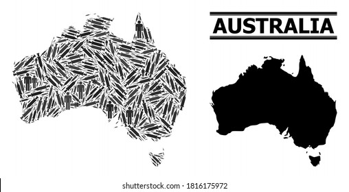 Vaccination mosaic and solid map of Australia. Vector map of Australia is created with injection needles and men figures. Abstraction is useful for health care templates.