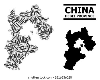 Vaccination mosaic and solid map of Hebei Province. Vector map of Hebei Province is shaped with vaccine doses and men figures. Template is useful for pandemic ads. Final win over asian flu.