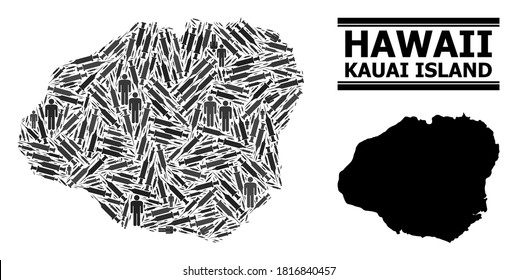 Vaccination mosaic and solid map of Kauai Island. Vector map of Kauai Island is formed of inoculation icons and men figures. Template is useful for safety templates. Final win over Covid-2019.