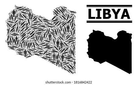 Vaccination mosaic and solid map of Libya. Vector map of Libya is composed of inoculation icons and human figures. Illustration is useful for safety ads. Final win over virus outbreak.