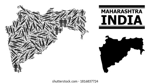 Vaccination mosaic and solid map of Maharashtra State. Vector map of Maharashtra State is made from syringes and men figures. Illustration is useful for treatment ads. Final solution over coronavirus.