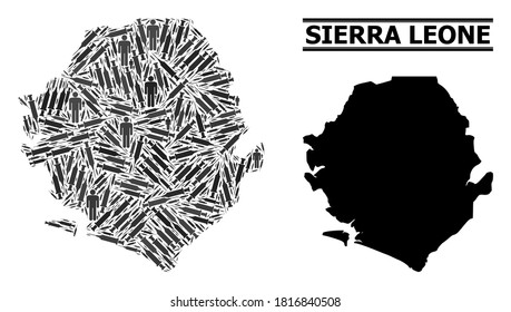 Vaccination mosaic and solid map of Sierra Leone. Vector map of Sierra Leone is composed of injection needles and human figures. Collage is useful for political purposes. Final win over Covid-2019.
