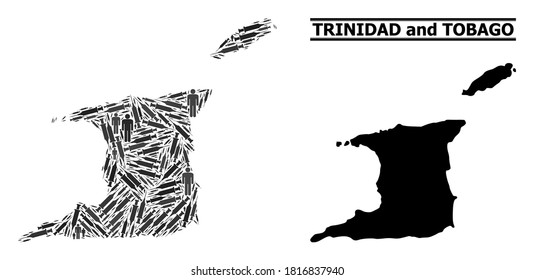 Vaccination mosaic and solid map of Trinidad and Tobago. Vector map of Trinidad and Tobago is made of vaccine symbols and human figures. Abstraction is useful for pandemic posters.