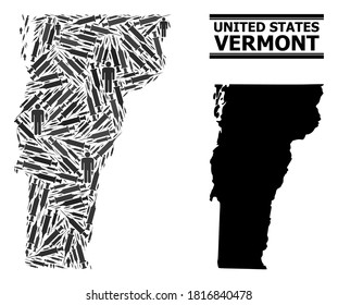 Vaccination mosaic and solid map of Vermont State. Vector map of Vermont State is formed of injection needles and human figures. Template for outbreak aims. Final win over virus outbreak.