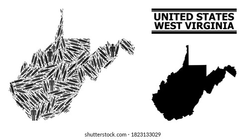 Vaccination mosaic and solid map of West Virginia State. Vector map of West Virginia State is composed from inoculation icons and men figures. Collage designed for outbreak purposes.