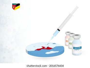Impfung in Mosambik mit verschiedenen Arten von COVID-19-Impfstoffen. С mit der Impfung in der Karte von Mosambik. Vektorgrafik.