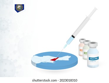Vaccination in New Hampshire with different type of COVID-19 vaccine. Сoncept with the vaccine injection in the map of New Hampshire. Vector illustration.